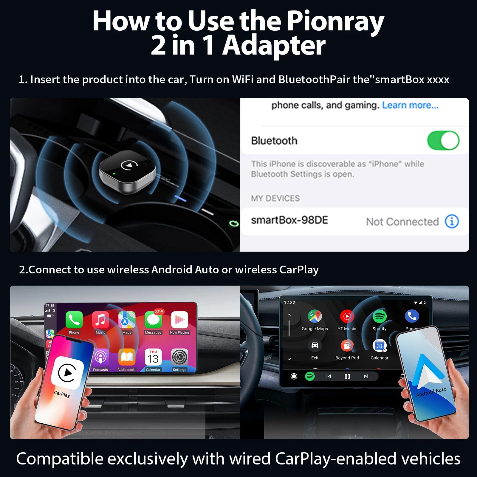 Pionray 2 in 1 Wireless CarPlay/Android