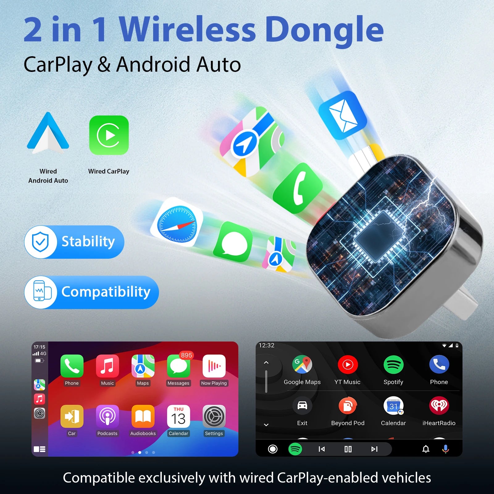 Pionray 2 in 1 Wireless CarPlay/Android
