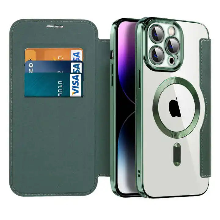 Wireless Charging Flip Leather Phone Case For iPhone 11 12 13 14Plus 15 Pro Max