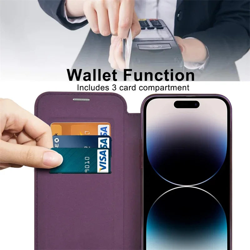 Wireless Charging Flip Leather Phone Case For iPhone 11 12 13 14Plus 15 Pro Max