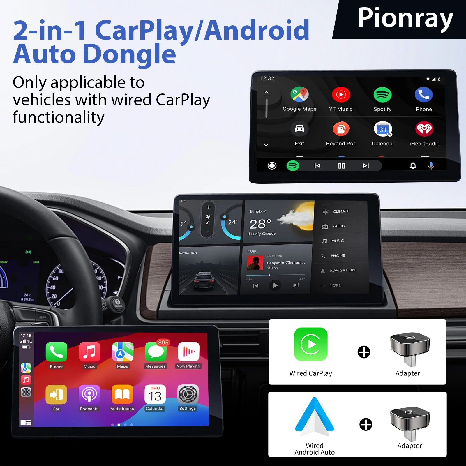 Pionray 2 in 1 Wireless CarPlay/Android