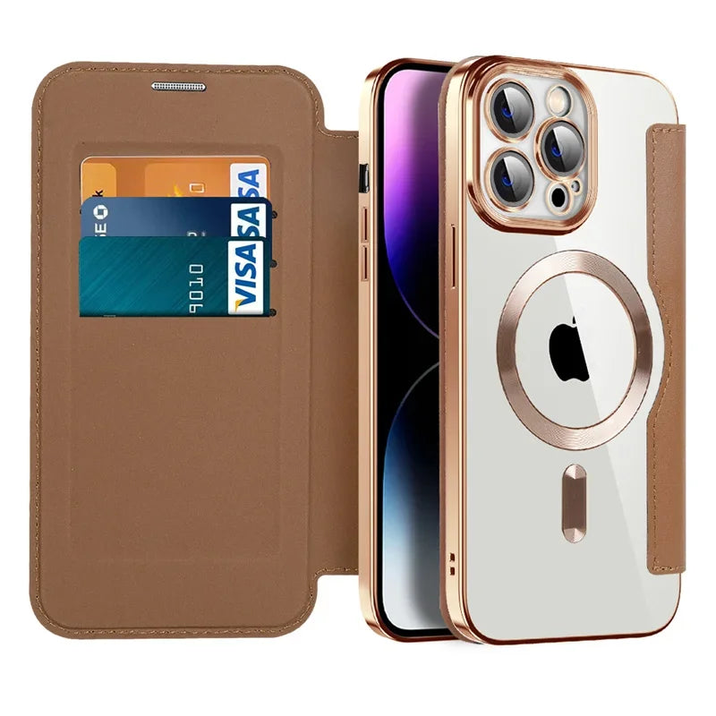 Wireless Charging Flip Leather Phone Case For iPhone 11 12 13 14Plus 15 Pro Max