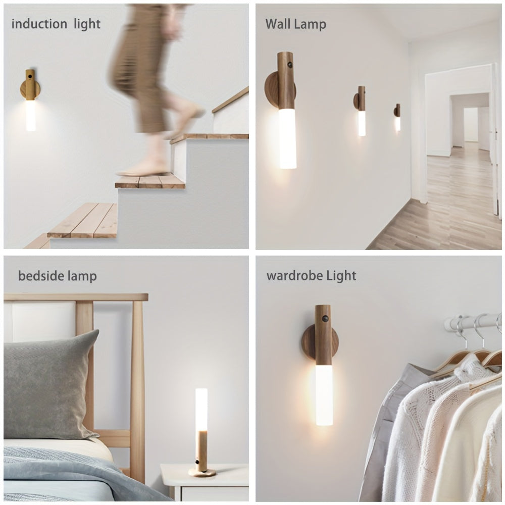 2pcs Modern Simple Smart Sensor Light, Japanese Wooden Night Light, Led Wall Light Corridor Light, USB Powered